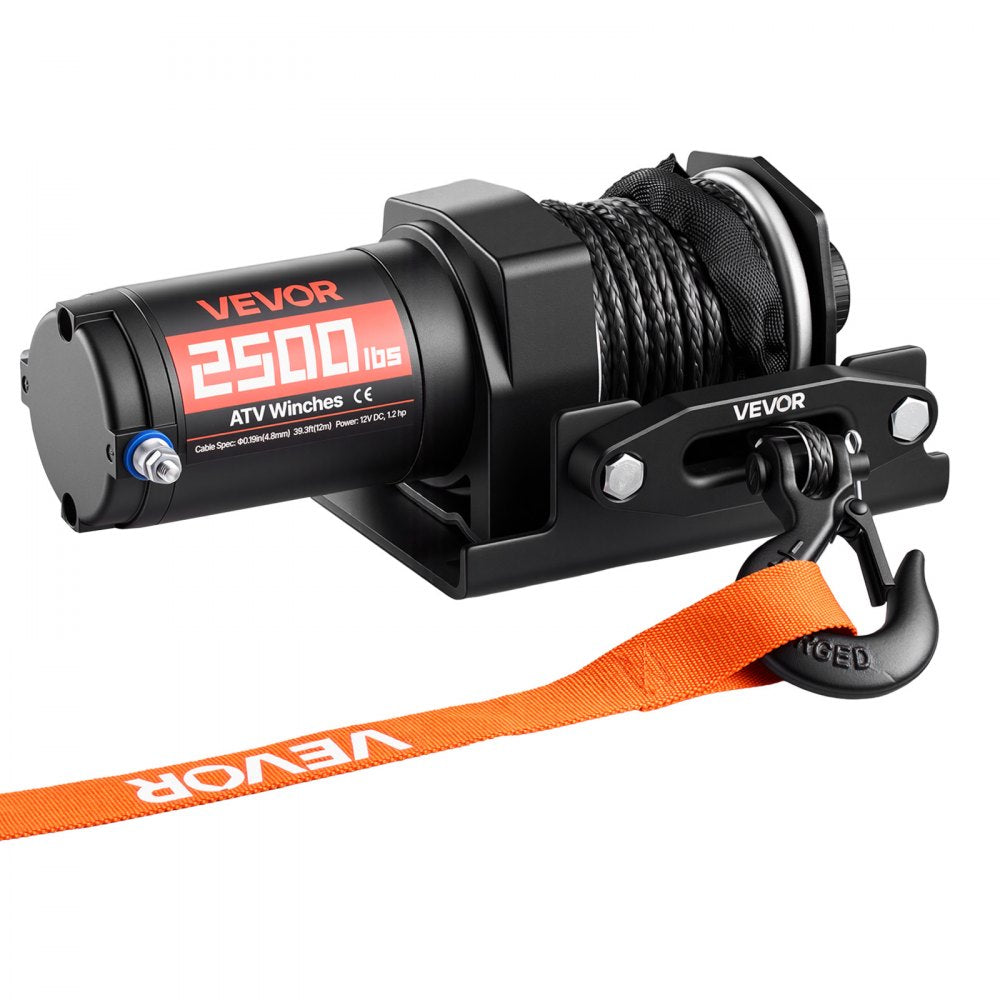 VEVOR 2500 lbs Electric Winch, 12V DC ATV/UTV Winch with Φ0.19 in x 39.4 ft Synthetic Rope & Wired Remote Control, IP55 Waterproof, Aluminum Housing Fairlead Mount Plate for Towing ATV, Black