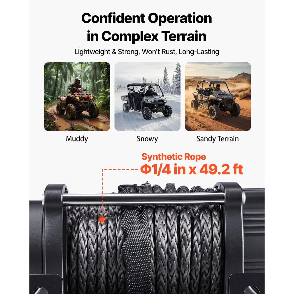 VEVOR 6000 lbs Electric Winch, 12V DC ATV/UTV Winch with Φ0.24 in x 49.2 ft Synthetic Rope, Wireless & Wired Remote Control, IP55 Waterproof, with Fairlead Mount Plate for Towing ATV UTV Off-Road