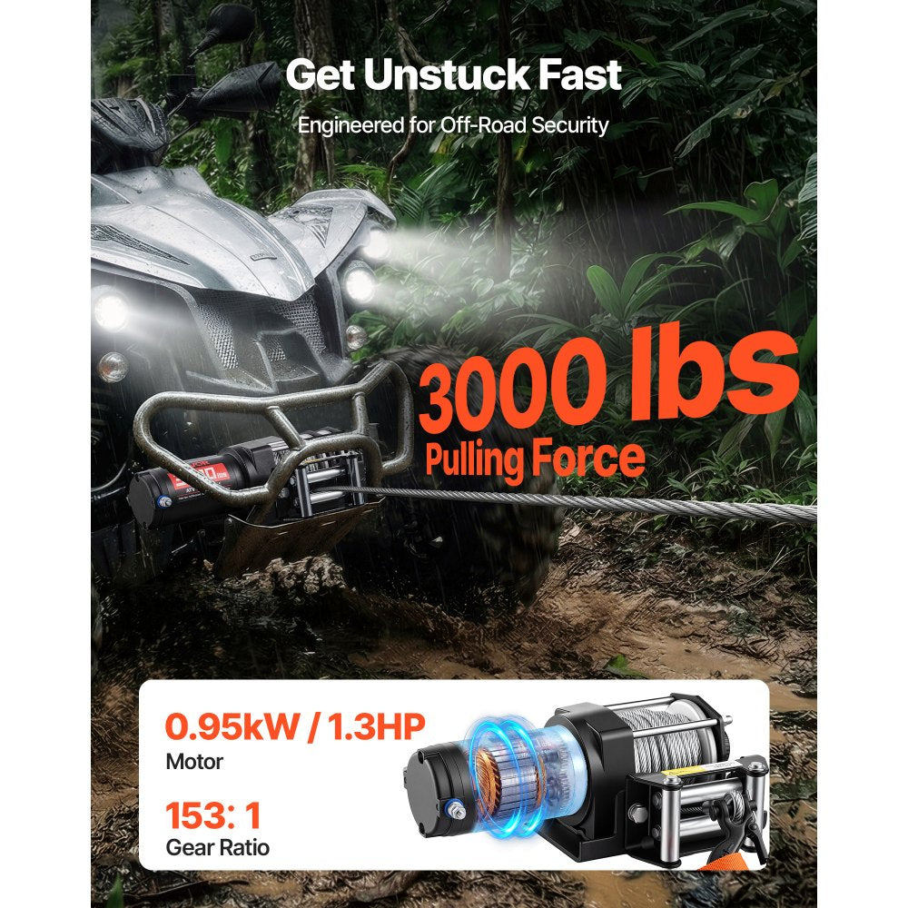 VEVOR 3000 lbs Electric Winch, 12V DC ATV/UTV Winch with Φ3/16 in x 39.4 ft Steel Wire Rope & Wired Remote Control, IP55 Waterproof, Aluminum Housing Fairlead Mount Plate for Towing ATV, Black