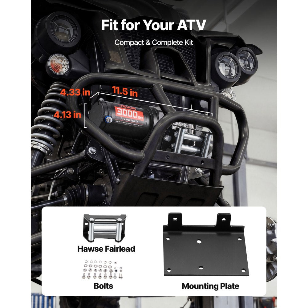 VEVOR 3000 lbs Electric Winch, 12V DC ATV/UTV Winch with Φ3/16 in x 39.4 ft Steel Wire Rope & Wired Remote Control, IP55 Waterproof, Aluminum Housing Fairlead Mount Plate for Towing ATV, Black