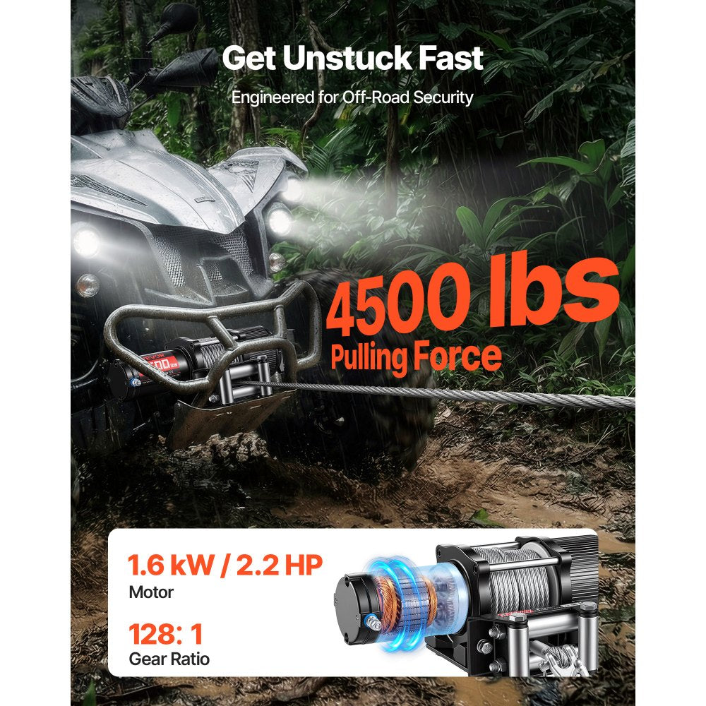 VEVOR 4500 lbs Electric Winch, 12V DC ATV/UTV Winch with Φ0.24 in x 39.4 ft Steel Wire Rope, Wireless & Wired Remote Control, IP54 Waterproof, Roller Fairlead Mount Plate for Towing ATV UTV Off-Road
