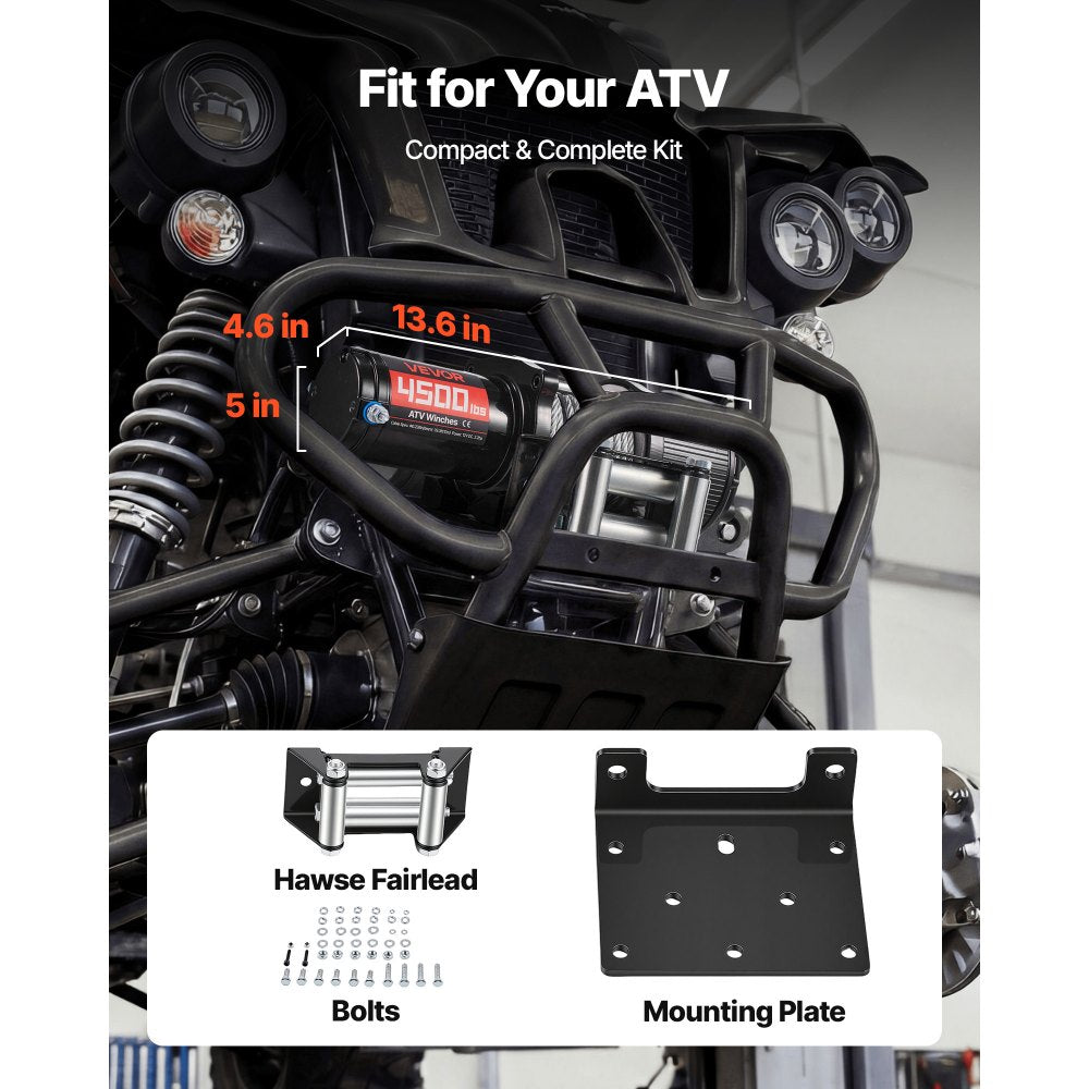 VEVOR 4500 lbs Electric Winch, 12V DC ATV/UTV Winch with Φ0.24 in x 39.4 ft Steel Wire Rope, Wireless & Wired Remote Control, IP54 Waterproof, Roller Fairlead Mount Plate for Towing ATV UTV Off-Road