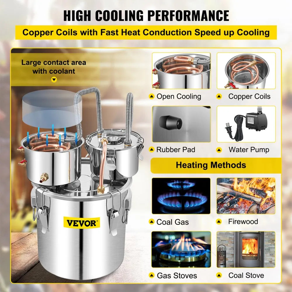 VEVOR Alcohol Still, 13.2Gal / 50L Stainless Steel Water Alcohol Distiller Copper Tube Home Brewing Kit Build-in Thermometer for DIY Whisky Wine Brandy, Silver