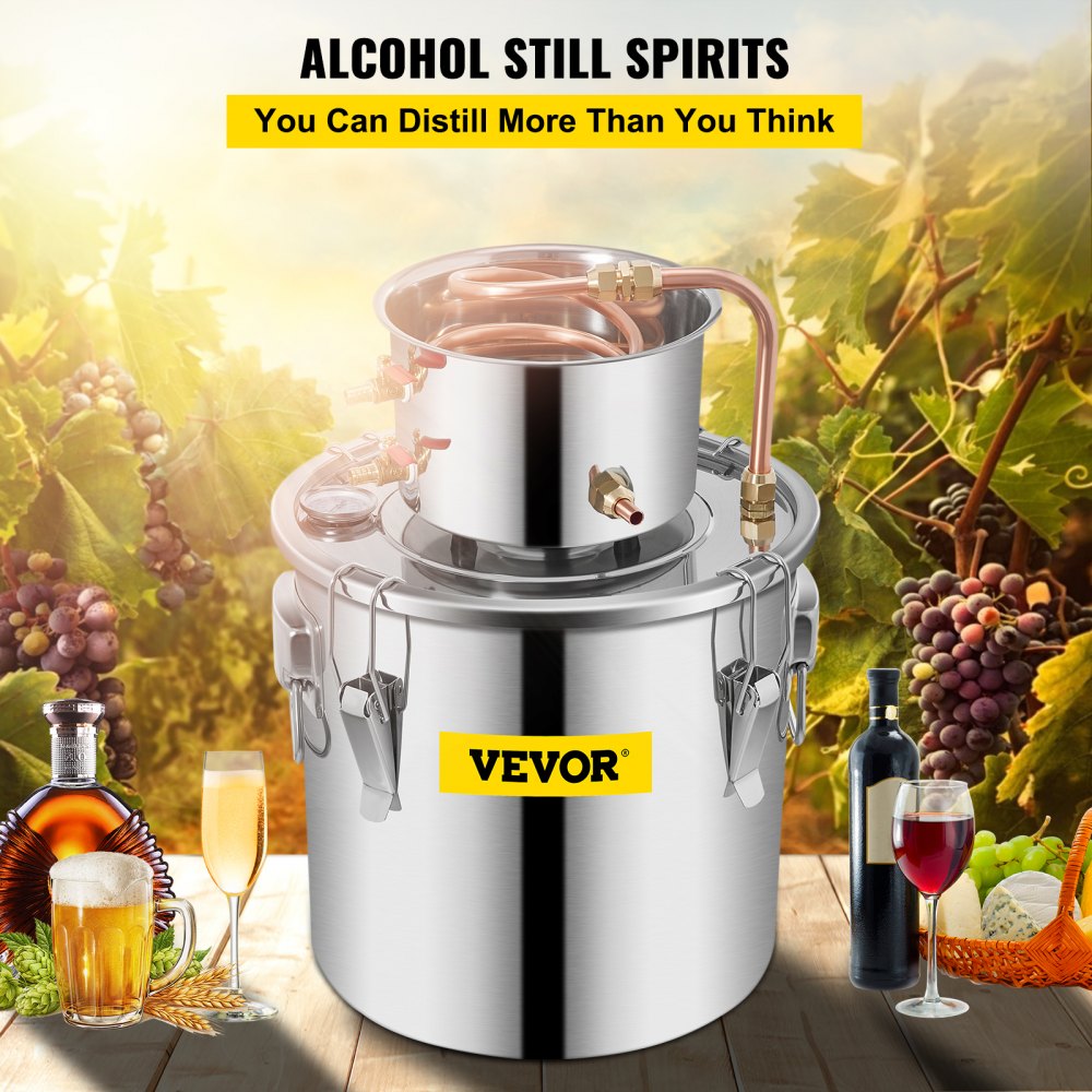 VEVOR Alcohol Still 3Gal/12L Stainless Steel Alcohol Distiller Copper Tube Home Brewing Kit Build-in Thermometer for DIY Whisky Wine Brandy, Silver