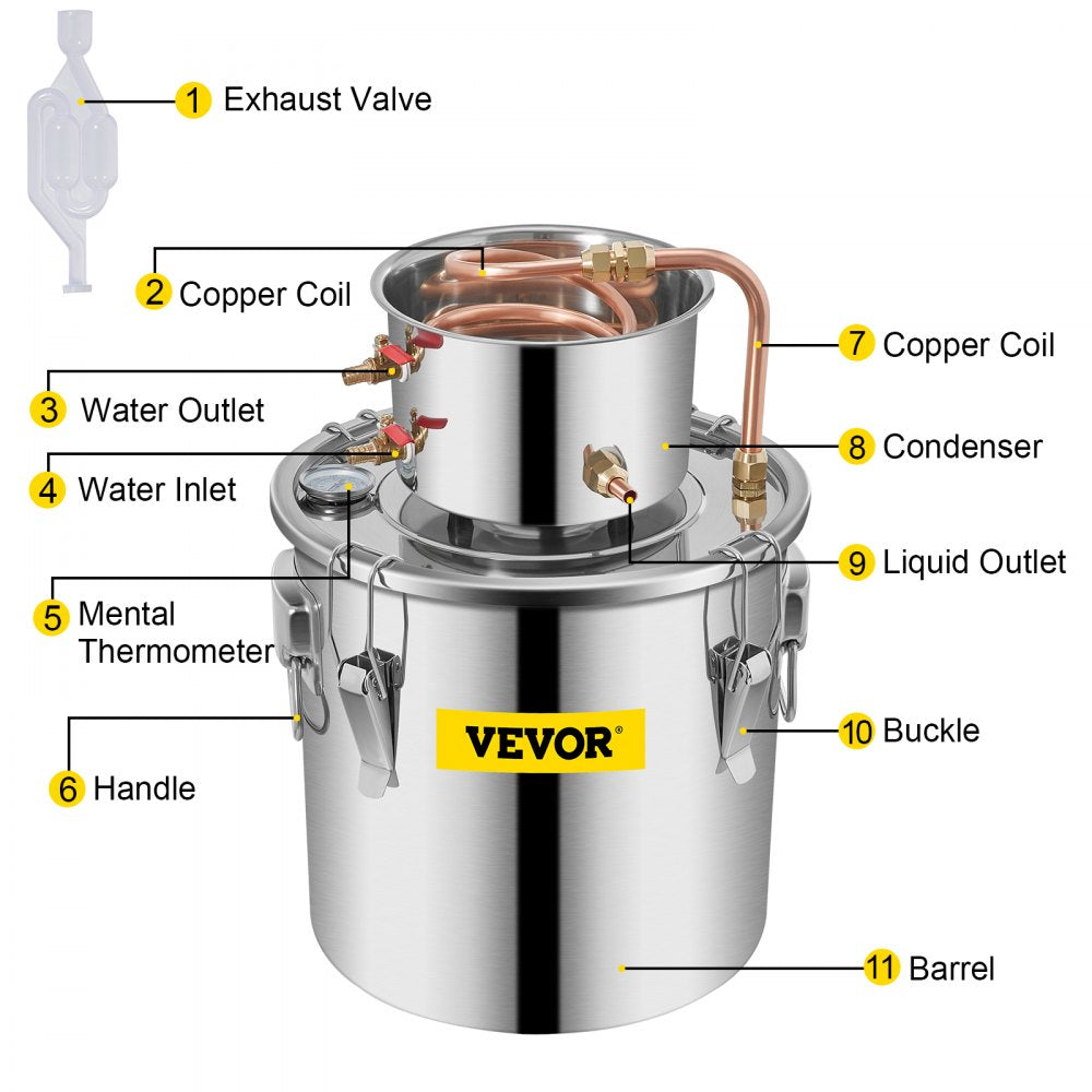 VEVOR Alcohol Still 3Gal/12L Stainless Steel Alcohol Distiller Copper Tube Home Brewing Kit Build-in Thermometer for DIY Whisky Wine Brandy, Silver