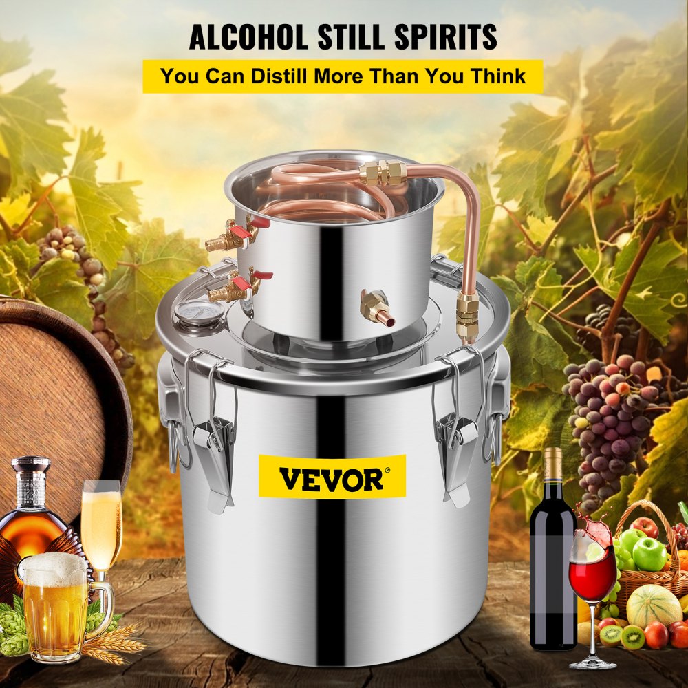 VEVOR Alcohol Still 5Gal/21L, Alcohol Distiller with Circulating Pump, Alcohol Still Copper Tube, Whiskey Distilling Kit with Build-In Thermometer, Whiskey Making Kit for DIY Alcohol, Stainless Steel