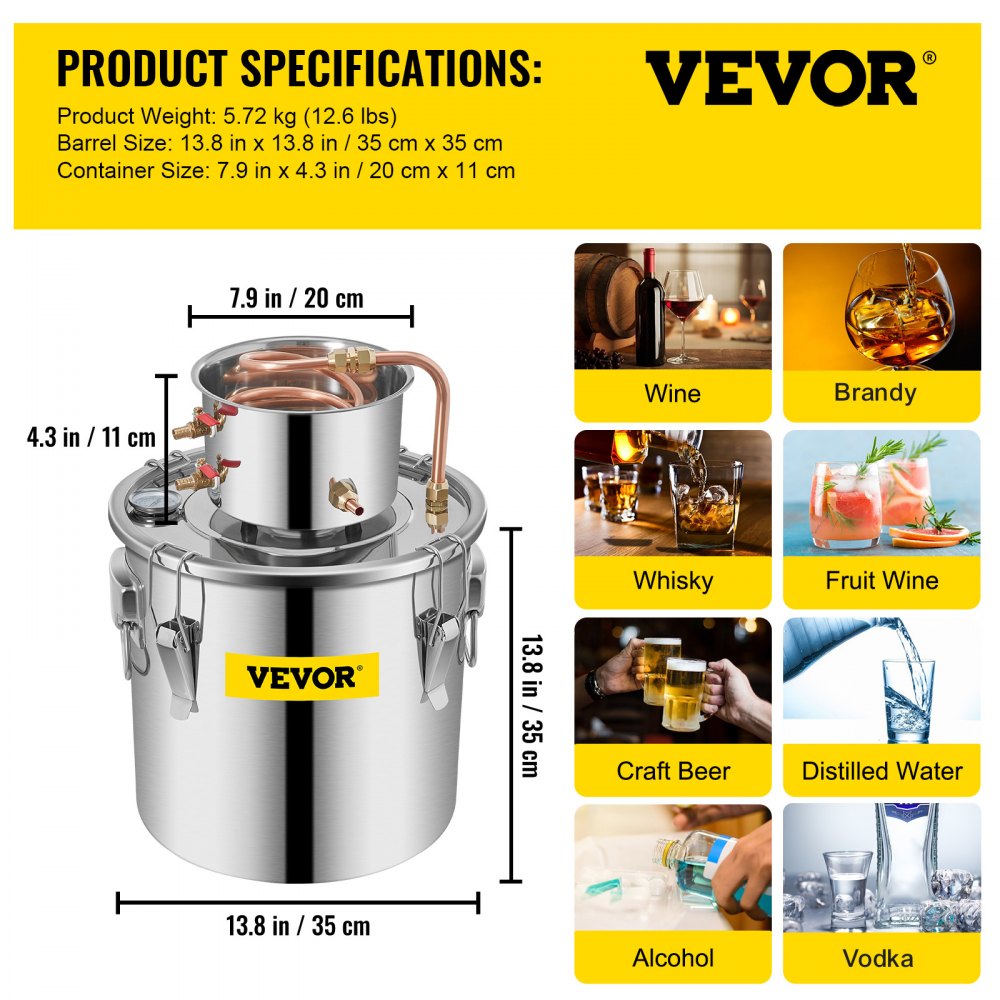 VEVOR Alcohol Still 9.6Gal/38L, Alcohol Distiller with Circulating Pump, Alcohol Still Copper Tube, Whiskey Distilling Kit with Build-In Thermometer, Whiskey Making Kit for DIY Alcohol, Stainless Stee