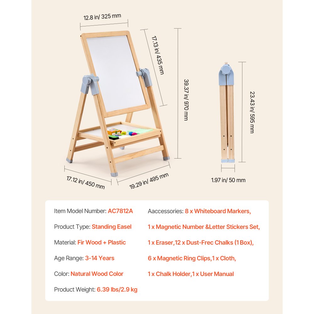 VEVOR Art Easel for Kids, 2-in-1 Wooden Double-Sided Kid's Art Easel with Magnetic Whiteboard & Chalkboard, Adjustable Standing Rotatable Foldable Drawing Board with Painting Accessories for Boy Girl