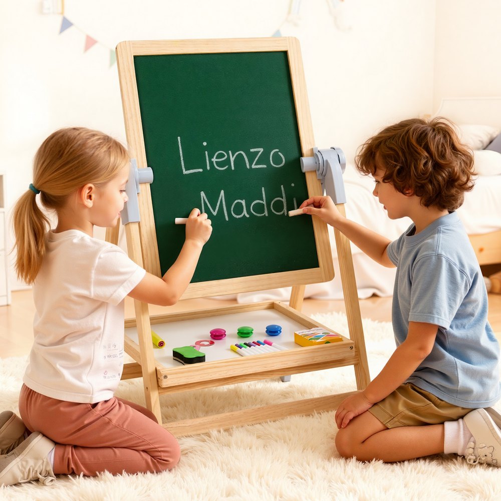 VEVOR Art Easel for Kids, 2-in-1 Wooden Double-Sided Kid's Art Easel with Magnetic Whiteboard & Chalkboard, Adjustable Standing Rotatable Foldable Drawing Board with Painting Accessories for Boy Girl