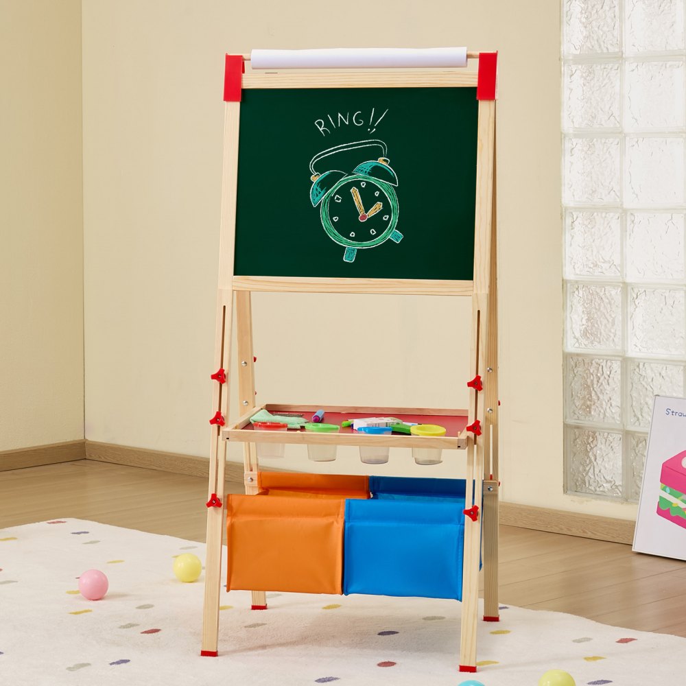 VEVOR Art Easel for Kids, 3-in-1 Wooden Double-Sided Kid's Art Easel with Magnetic Whiteboard, Chalkboard, Paper Roll, Adjustable Standing Drawing Board with Painting Accessories, Storage for Boy Girl