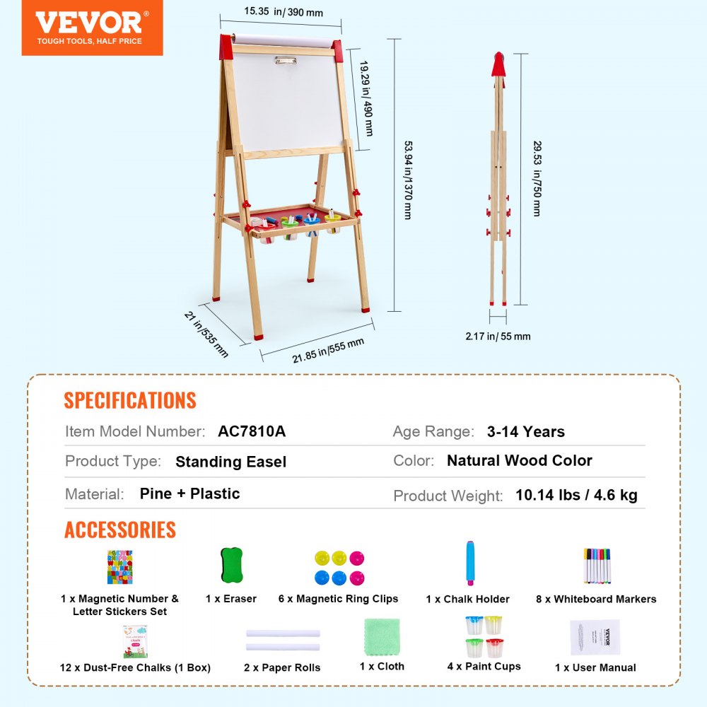 VEVOR Art Easel for Kids, 3-in-1 Wooden Double-Sided Kid's Art Easel with Magnetic Whiteboard, Chalkboard & Paper Roll, Adjustable Standing Drawing Board with Painting Accessories for Boys and Girls