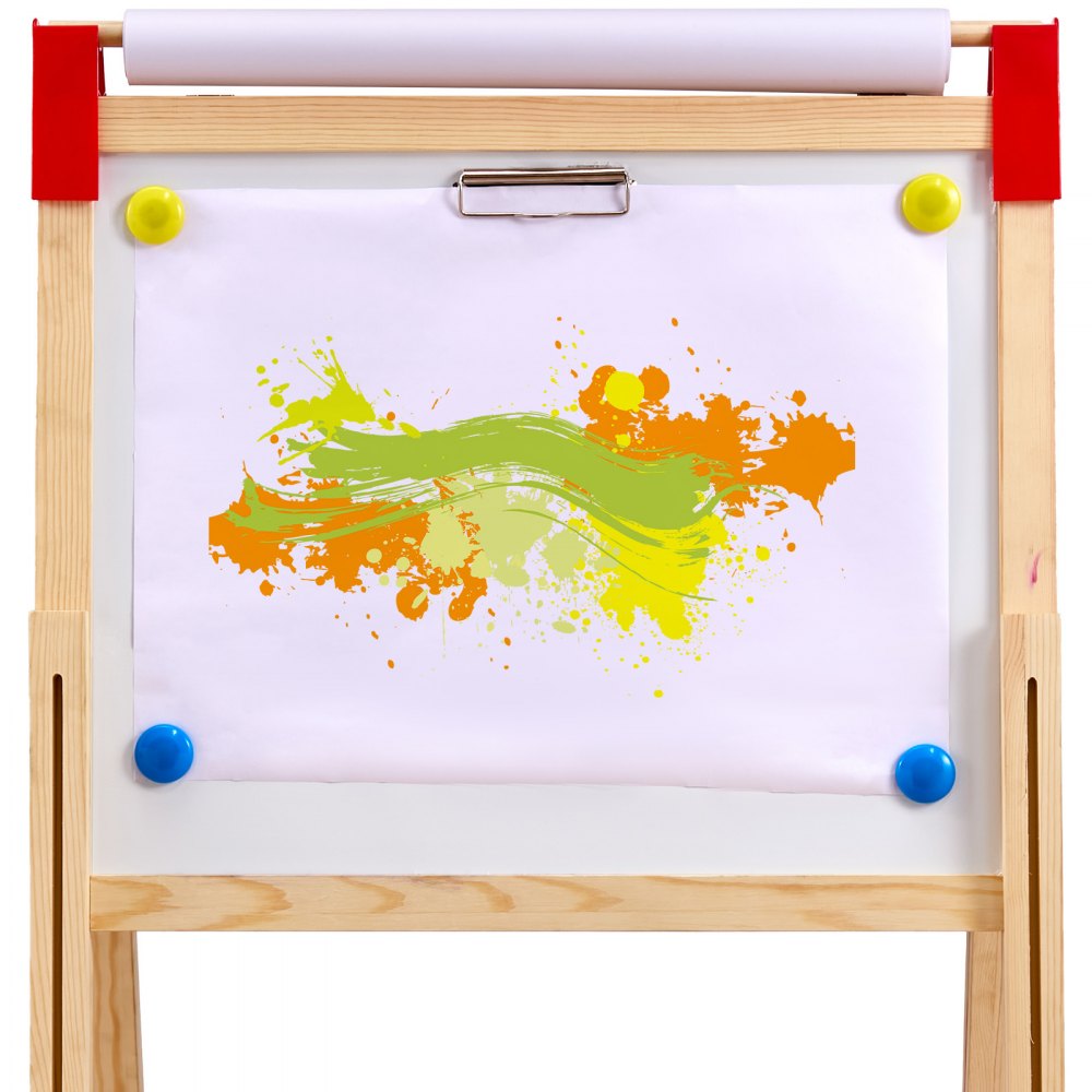 VEVOR Art Easel for Kids, 3-in-1 Wooden Double-Sided Kid's Art Easel with Magnetic Whiteboard, Chalkboard & Paper Roll, Adjustable Standing Drawing Board with Painting Accessories for Boys and Girls