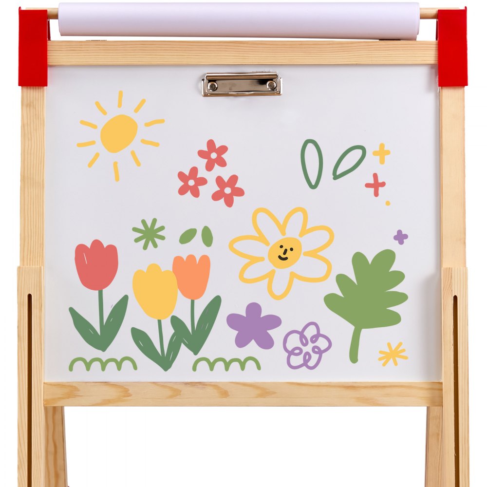 VEVOR Art Easel for Kids, 3-in-1 Wooden Double-Sided Kid's Art Easel with Magnetic Whiteboard, Chalkboard & Paper Roll, Adjustable Standing Drawing Board with Painting Accessories for Boys and Girls