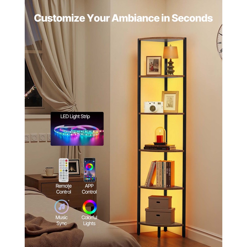 VEVOR 6 Tier Corner Shelf with LED Light, 68" Tall Corner Bookshelf with Storage Shelves for Collectibles, Display Shelf with Multi-color Lights Controlled Via RC/APP for Bedroom, Living Room, Office