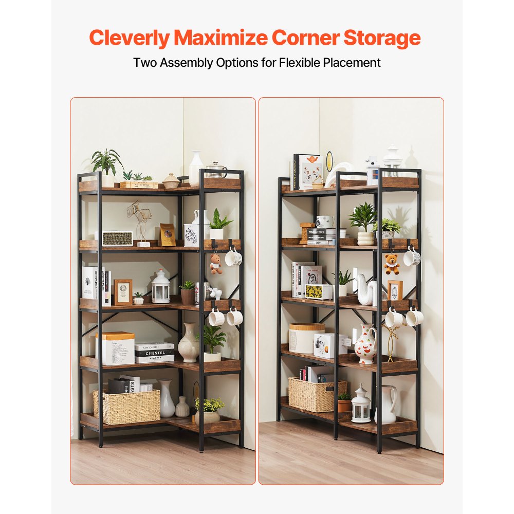 VEVOR 5 Tier Corner Bookshelf with 4 Hooks, 65.4" Tall Corner Bookcase with Heavy Duty Metal Frame & Wooden Shelves, Industrial L Shaped Corner Display Shelf for Bedroom, Living Room, Office