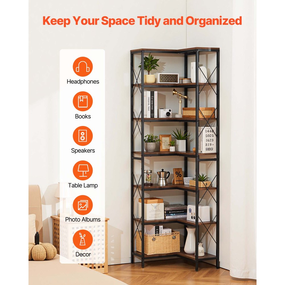 VEVOR 7 Tier Corner Bookshelf, 79" Tall Corner Bookcase with Heavy Duty Metal Frame & Wooden Shelves, Industrial Reversible L Shaped Corner Display Shelf for Bedroom, Living Room, Office