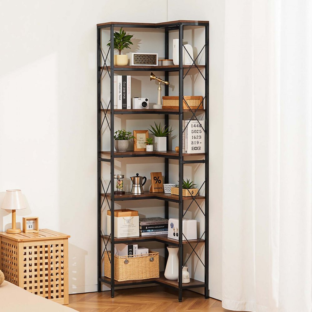 VEVOR 7 Tier Corner Bookshelf, 79" Tall Corner Bookcase with Heavy Duty Metal Frame & Wooden Shelves, Industrial Reversible L Shaped Corner Display Shelf for Bedroom, Living Room, Office