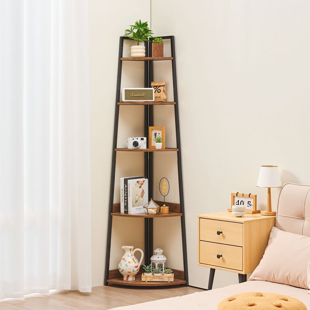 VEVOR 5 Tier Corner Shelf, 70" Tall Corner Bookshelf with Metal Frame & Wooden Shelves, Industrial Corner Ladder Shelf for Living Room, Bedroom, Office, Rustic Brown
