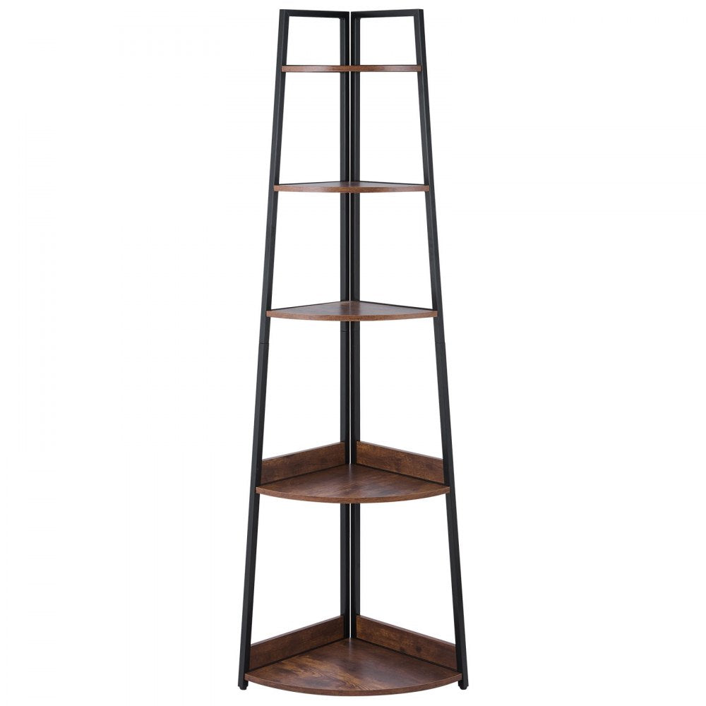 VEVOR 5 Tier Corner Shelf, 70" Tall Corner Bookshelf with Metal Frame & Wooden Shelves, Industrial Corner Ladder Shelf for Living Room, Bedroom, Office, Rustic Brown