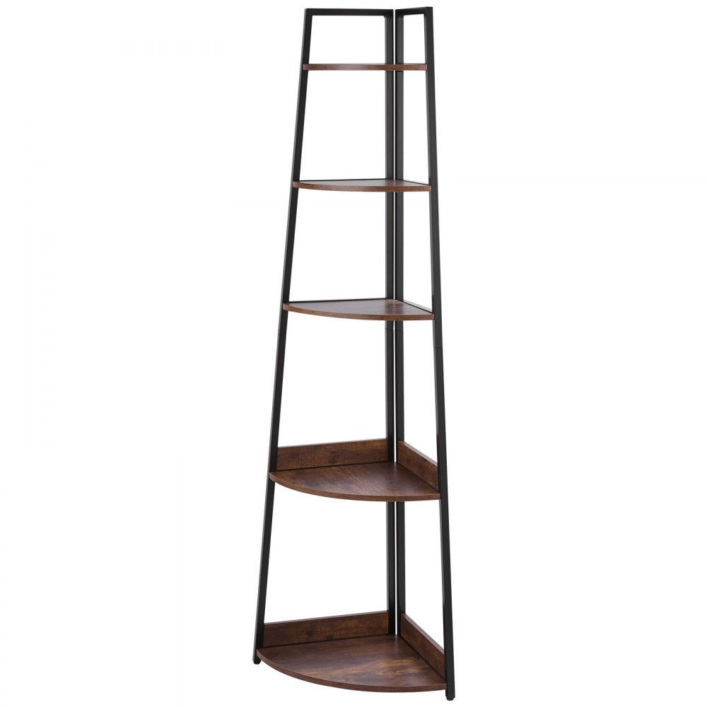 VEVOR 5 Tier Corner Shelf, 70" Tall Corner Bookshelf with Metal Frame & Wooden Shelves, Industrial Corner Ladder Shelf for Living Room, Bedroom, Office, Rustic Brown