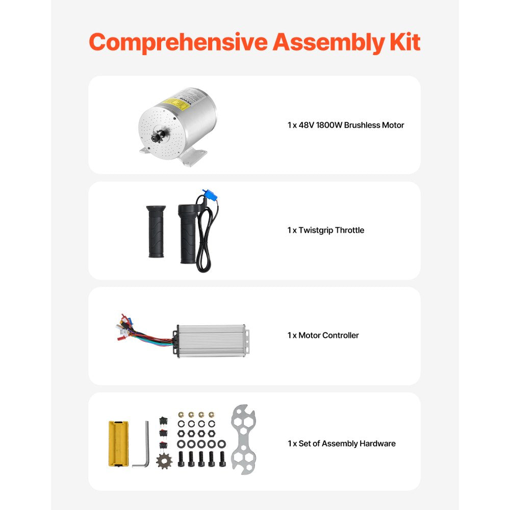 VEVOR 1800W Electric Brushless DC Motor Kit - 48V 4500rpm Motor with Upgraded Speed Controller and Throttle Grip Kit for Go Karts E-Bike Motorcycle Scooter DIY
