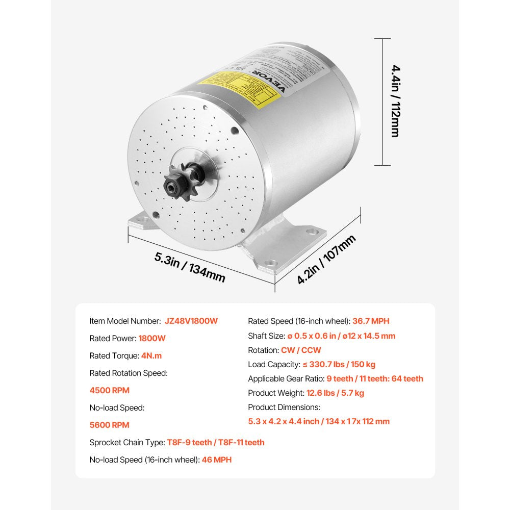 VEVOR 1800W Electric Brushless DC Motor Kit - 48V 4500rpm Motor with Upgraded Speed Controller and Foot Pedal Throttle Kit for Go Karts E-Bike Motorcycle Scooter DIY