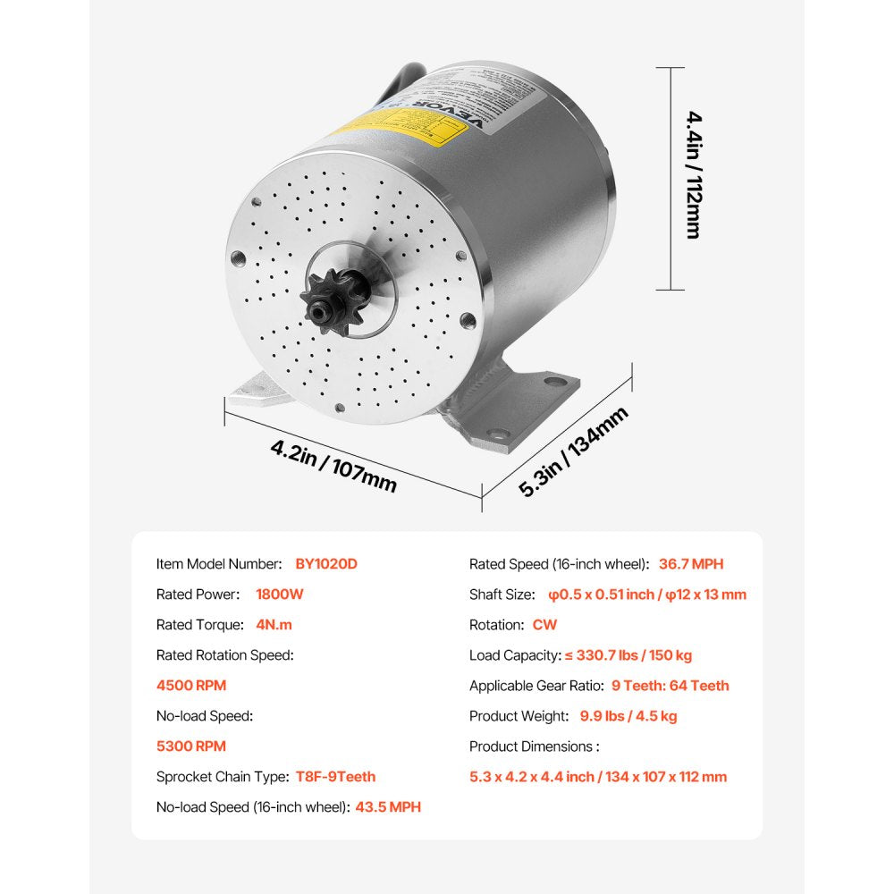 VEVOR 1800W Electric Brushless DC Motor, 48V 4500rpm Go Kart Electric Motor, Electric Dirt Bike Motor Engine for E-Bike Motorcycle Scooter DIY