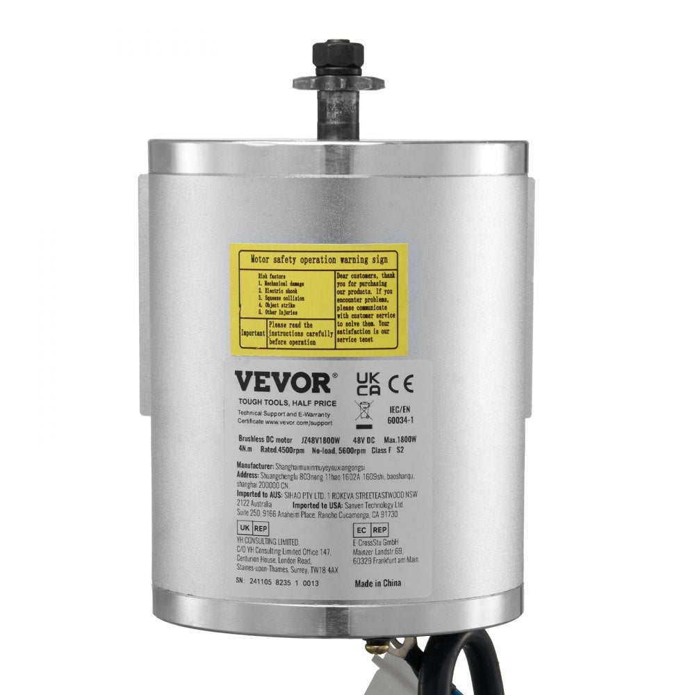 VEVOR 1800W Electric Brushless DC Motor Kit - 48V 4500rpm Motor with Upgraded Speed Controller for Go Karts E-Bike Motorcycle Scooter
