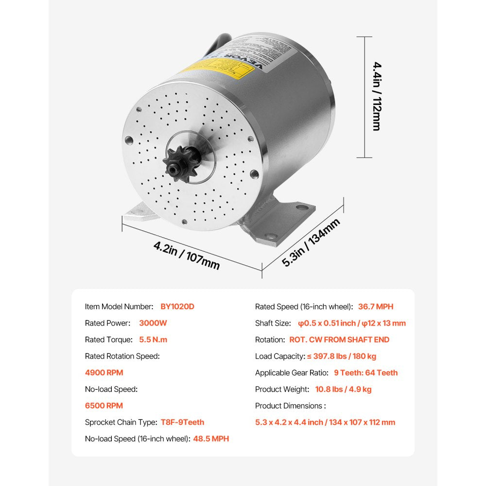 VEVOR 3000W Electric Brushless DC Motor, 72V 4900rpm Go Kart Electric Motor, Electric Dirt Bike Motor Engine for E-Bike Motorcycle Scooter DIY