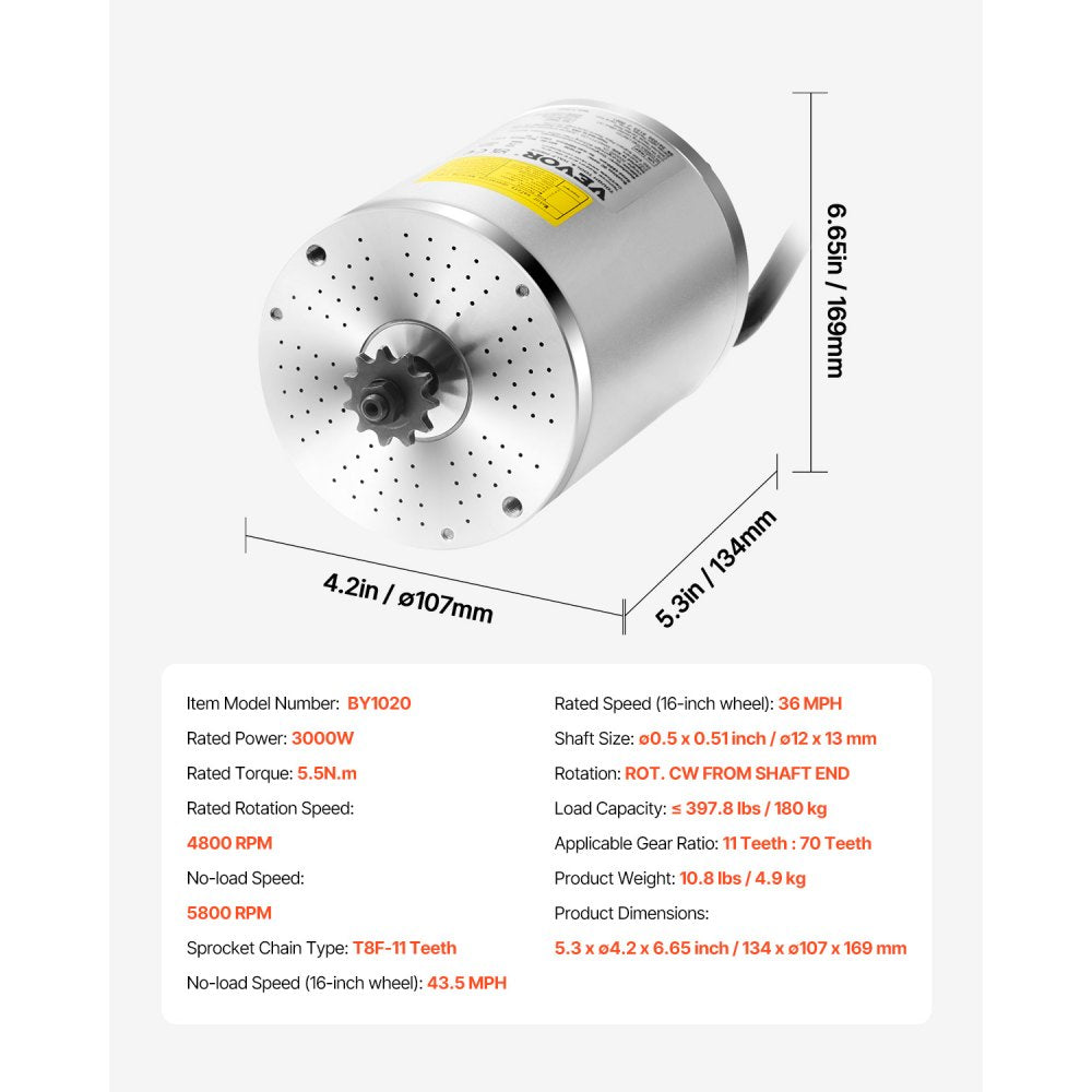 VEVOR 3000W Electric Brushless DC Motor, 60V 4800rpm Go Kart Electric Motor, Electric Dirt Bike Motor Engine for E-Bike Motorcycle Scooter DIY