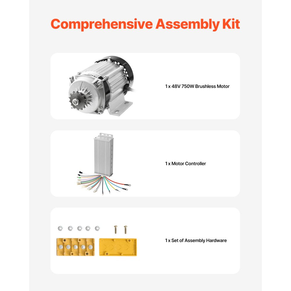 VEVOR 750W Electric Brushless DC Motor Kit - 48V 2700rpm Motor with Upgraded Speed Controller for Go Karts E-Bike Motorcycle Scooter