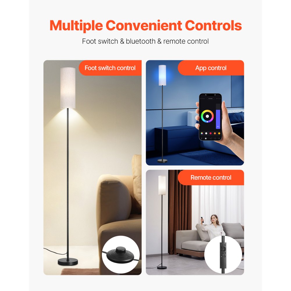 VEVOR Dimmable Floor Lamp, Stepless Adjustable Colors, Modern Standing Lamp with Remote Control, Foot Switch & APP Control, Tall Floor Lamp for Living Room, Bedroom, Office, 9W LED Bulb Included