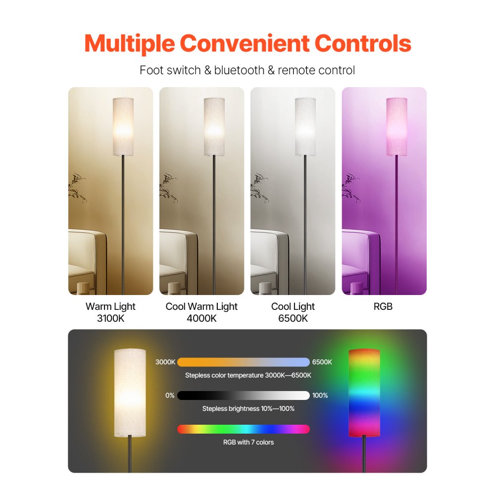 VEVOR Dimmable Floor Lamp, Stepless Adjustable Colors, Modern Standing Lamp with Remote Control, Foot Switch & APP Control, Tall Floor Lamp for Living Room, Bedroom, Office, 9W LED Bulb Included