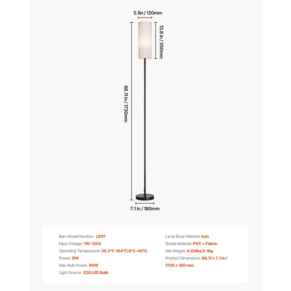 VEVOR Dimmable Floor Lamp, Stepless Adjustable Colors, Modern Standing Lamp with Remote Control, Foot Switch & APP Control, Tall Floor Lamp for Living Room, Bedroom, Office, 9W LED Bulb Included