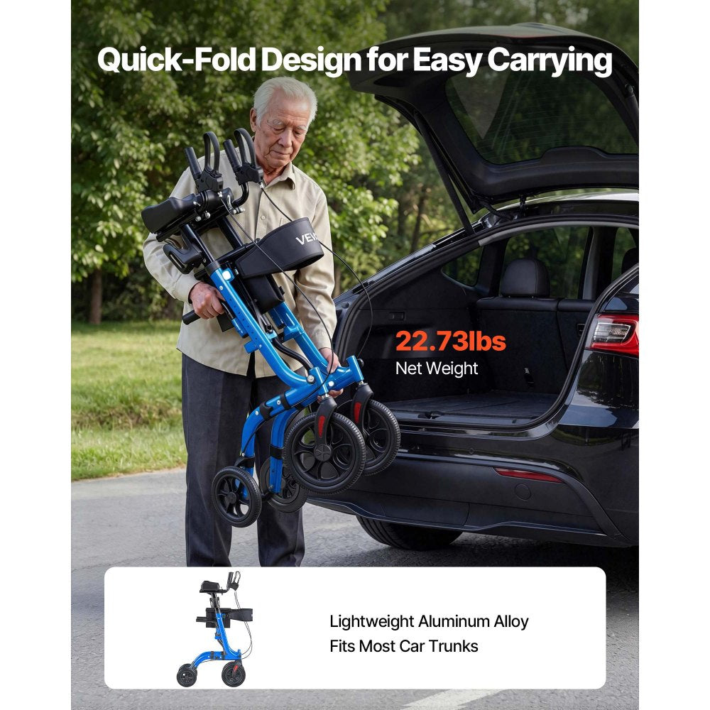 VEVOR Rollator Walker with Seat for Seniors, Foldable Rolling Walker, Lightweight Aluminum Mobility Walking Aid with PU Solid Wheels, Adjustable Handle, Storage Bag, Cup/Cane Holder - Supports 300LBS