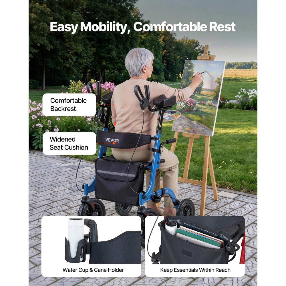 VEVOR Rollator Walker with Seat for Seniors, Foldable Rolling Walker, Lightweight Aluminum Mobility Walking Aid with PU Solid Wheels, Adjustable Handle, Storage Bag, Cup/Cane Holder - Supports 300LBS