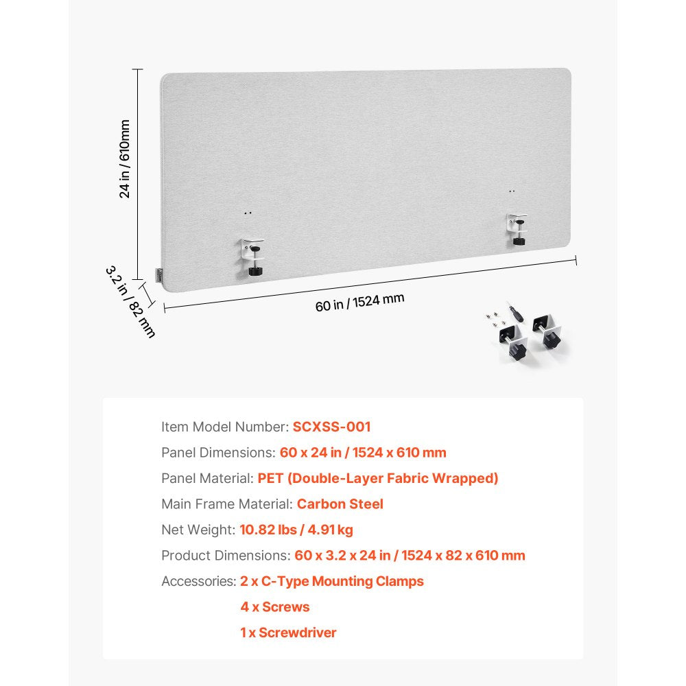 VEVOR Desk Divider Privacy Panel, 60" x 24" Clamp-on Office Desk Partition, PET Cubicle Partition Panel, Workstation Privacy Divider with 2 C-Type Clamps for Office, Sturdy Room, Library