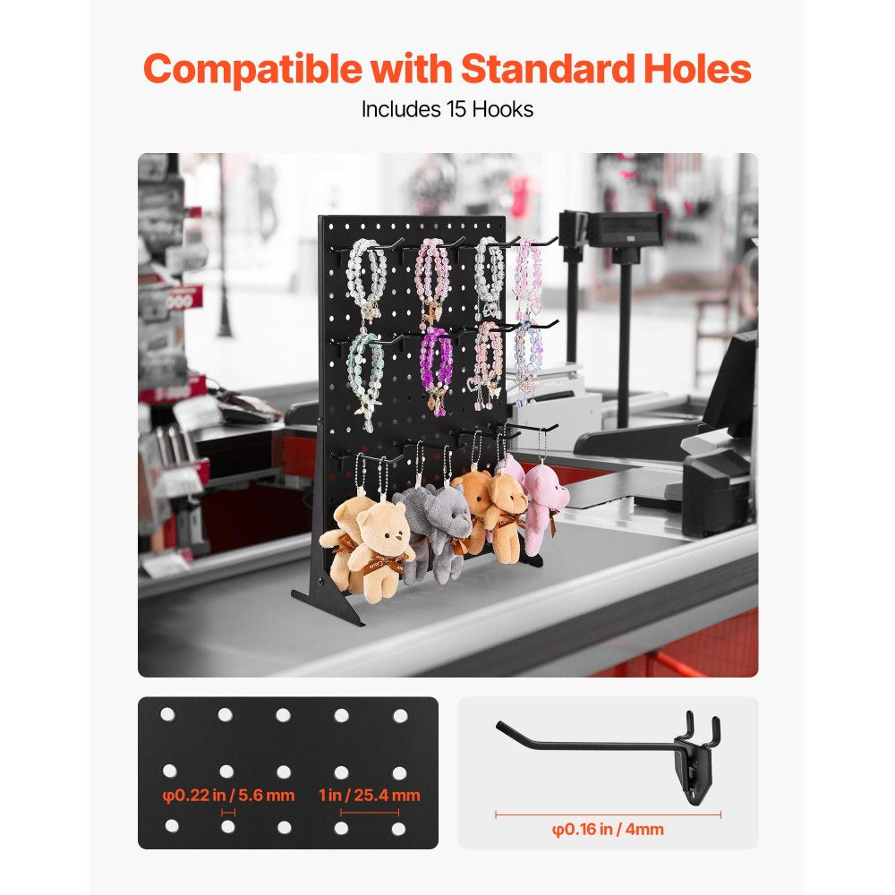 VEVOR Pegboard Display Stand, 17 x 13 Inch Tabletop Pegboard Display Stand with 15 Hooks, Thickened Cold-Rolled Steel Peg Board Panel for Grocery, Retail Store and Jewelry Shop, Black (1 PCS)