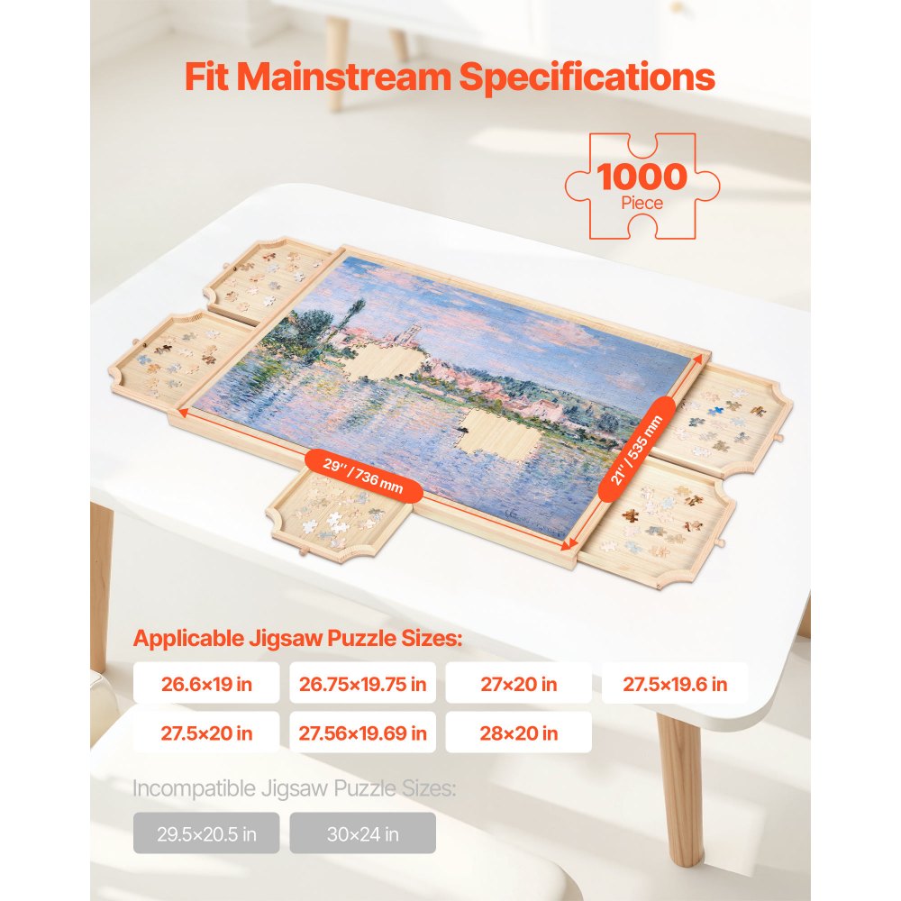 VEVOR 1000 Piece Rotating Puzzle Board with 5 Drawers and Cover, 29x21 in Portable Wooden Table, Jigsaw Puzzle Accessories for Adults, Puzzles Organizer Storage System, Birthday Gift for Mom