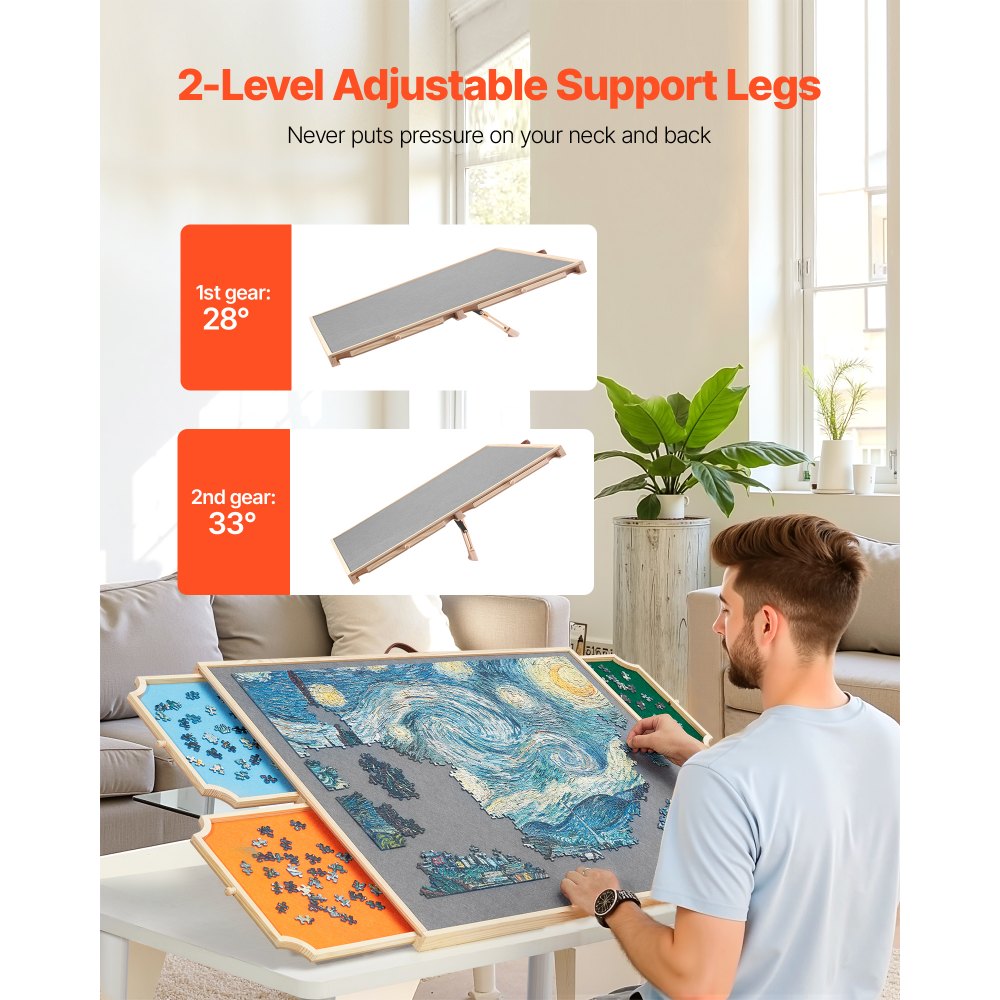 VEVOR 1500 Piece Rotating Puzzle Board with 4 Colorful Felt Drawers and Cover, 34x25 in Portable Wooden Table, Adjustable 2-Tilting-Angle Jigsaw Puzzle Accessories for Adults, Birthday Gift for Mom