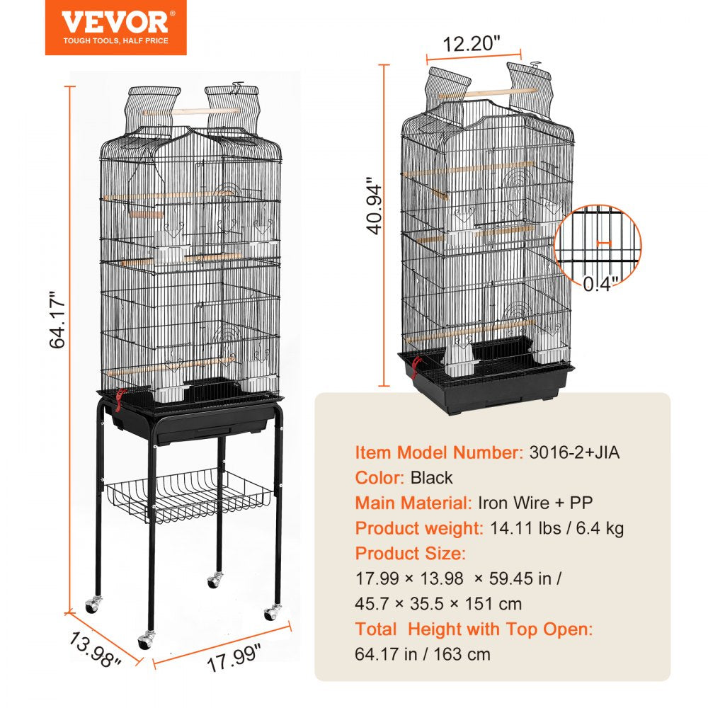 VEVOR 64-inch Open Top Large Parrot Bird Cage with Detachable Rolling Stand for Parakeets Finches Canaries Lovebirds Cockatiels Budgies Small Quaker Conures Flight Birdcage with Swing and Perch