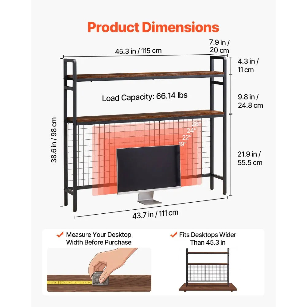 VEVOR Desktop Bookshelf 3-Tier Countertop Storage Hutch with Grid Black, for Computer Desk, Metal Frame and Wooden Shelf, with Non-Slip Feet Pads, Desk Hutch Storage Organizer for Dorm, Home, Office