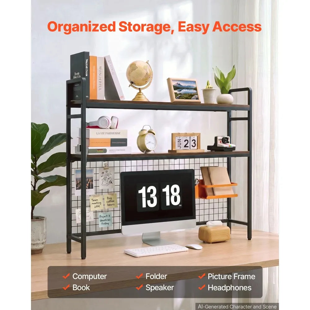 VEVOR Desktop Bookshelf 3-Tier Countertop Storage Hutch with Grid Black, for Computer Desk, Metal Frame and Wooden Shelf, with Non-Slip Feet Pads, Desk Hutch Storage Organizer for Dorm, Home, Office