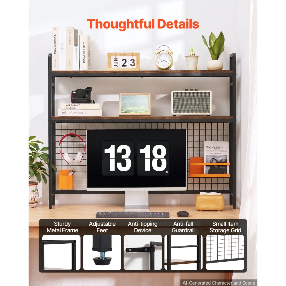 VEVOR Desktop Bookshelf 3-Tier Countertop Storage Hutch with Grid Black, for Computer Desk, Metal Frame and Wooden Shelf, with Non-Slip Feet Pads, Desk Hutch Storage Organizer for Dorm, Home, Office