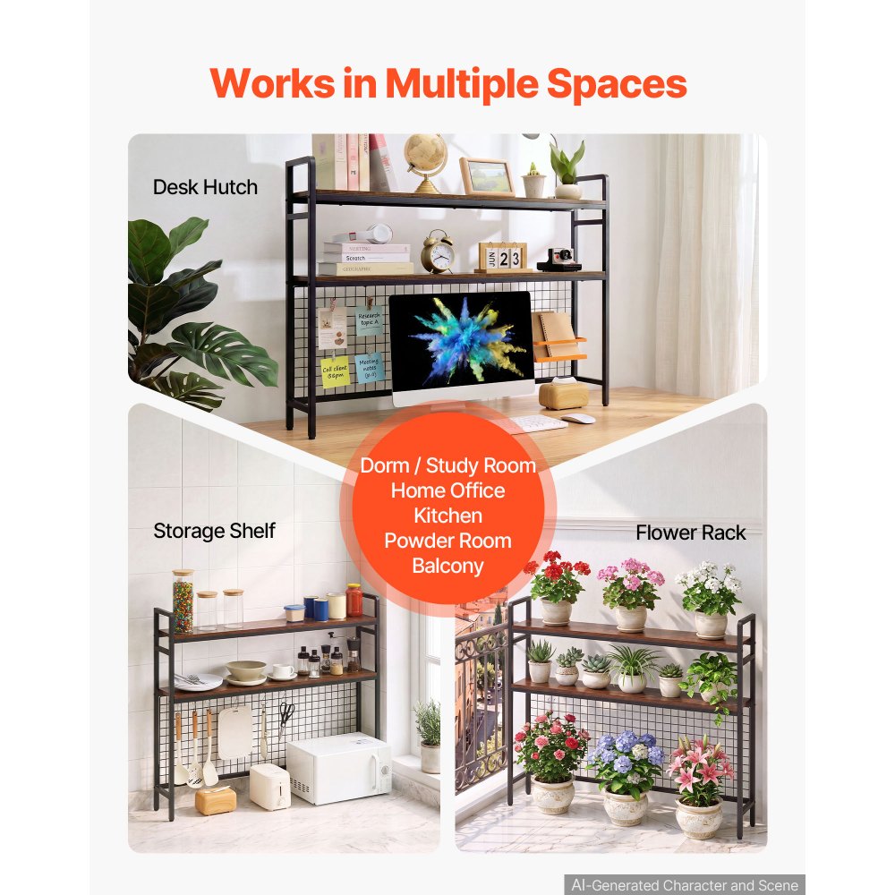 VEVOR Desktop Bookshelf 3-Tier Countertop Storage Hutch with Grid Black, for Computer Desk, Metal Frame and Wooden Shelf, with Non-Slip Feet Pads, Desk Hutch Storage Organizer for Dorm, Home, Office