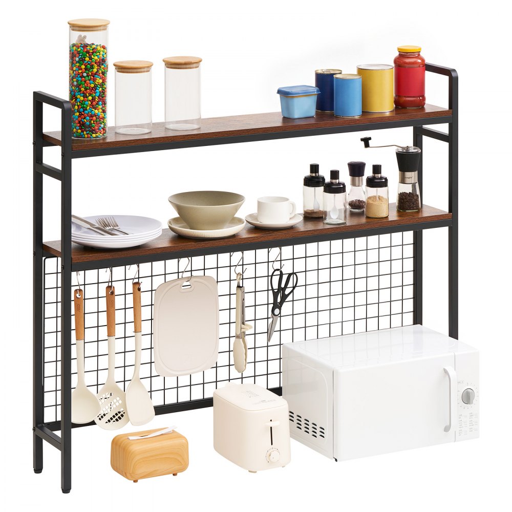 VEVOR Desktop Bookshelf 3-Tier Countertop Storage Hutch with Grid Black, for Computer Desk, Metal Frame and Wooden Shelf, with Non-Slip Feet Pads, Desk Hutch Storage Organizer for Dorm, Home, Office