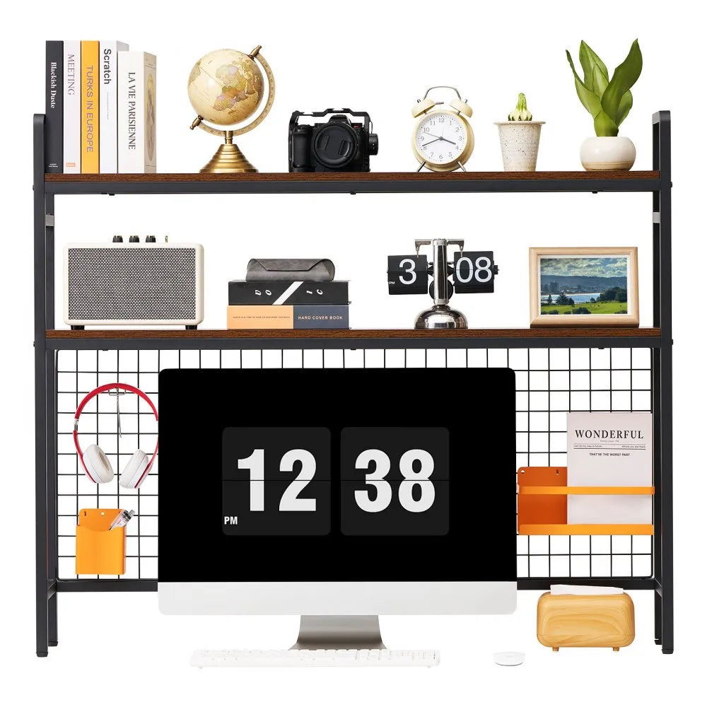 VEVOR Desktop Bookshelf 3-Tier Countertop Storage Hutch with Grid Black, for Computer Desk, Metal Frame and Wooden Shelf, with Non-Slip Feet Pads, Desk Hutch Storage Organizer for Dorm, Home, Office