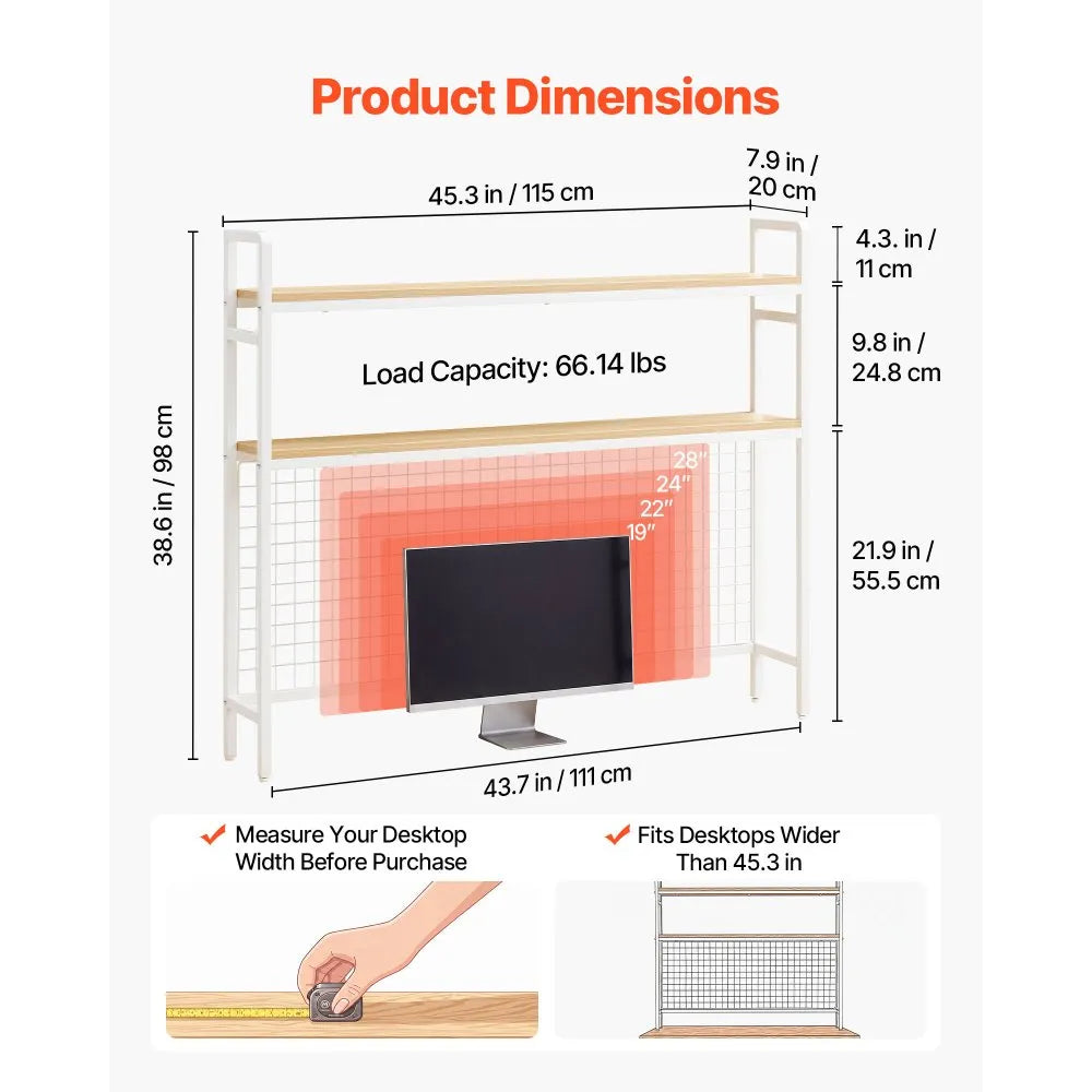 VEVOR Desktop Bookshelf 3-Tier Countertop Storage Hutch with Grid White, for Computer Desk, Metal Frame and Wooden Shelf, with Non-Slip Feet Pads, Desk Hutch Storage Organizer for Dorm, Home, Office