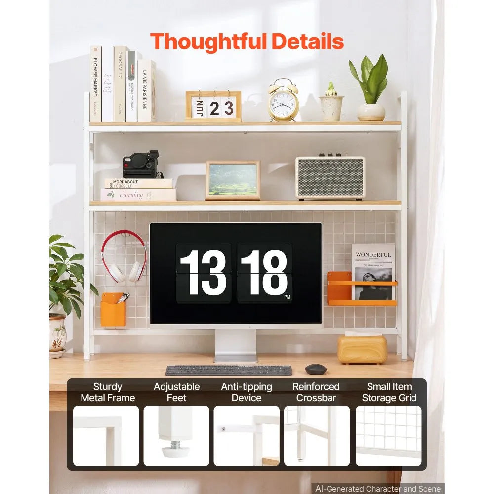 VEVOR Desktop Bookshelf 3-Tier Countertop Storage Hutch with Grid White, for Computer Desk, Metal Frame and Wooden Shelf, with Non-Slip Feet Pads, Desk Hutch Storage Organizer for Dorm, Home, Office