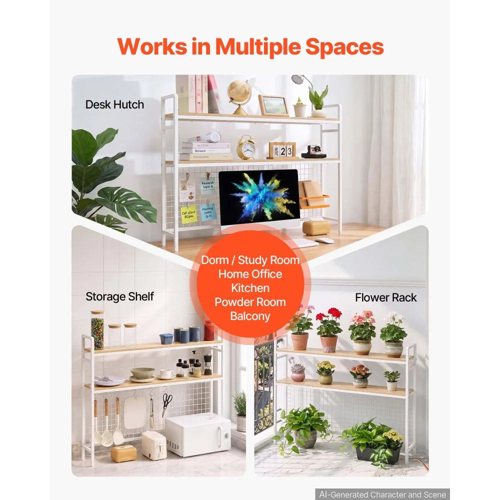 VEVOR Desktop Bookshelf 3-Tier Countertop Storage Hutch with Grid White, for Computer Desk, Metal Frame and Wooden Shelf, with Non-Slip Feet Pads, Desk Hutch Storage Organizer for Dorm, Home, Office